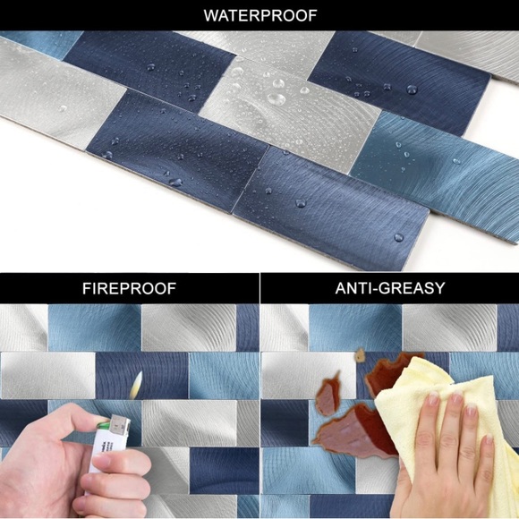 Subway Backsplash Tile Peel & Stick DIY Kitchen Bathroom Brushed Silver Blue - Picture 3 of 9